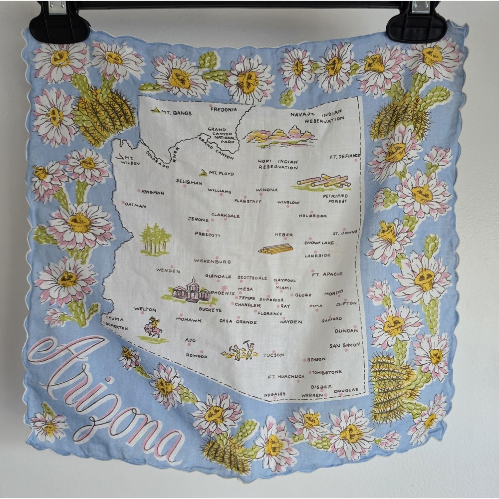 VTG Arizona Map Handkerchief Blue White Pink Yellow Green Unisex Hanky Kerchief - Picture 1 of 5